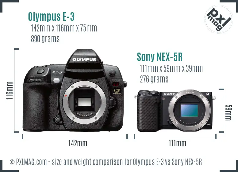 Olympus E-3 vs Sony NEX-5R size comparison