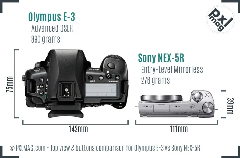 Olympus E-3 vs Sony NEX-5R top view buttons comparison