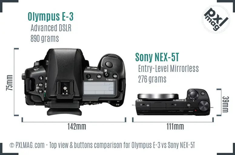 Olympus E-3 vs Sony NEX-5T top view buttons comparison
