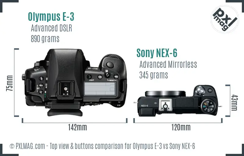 Olympus E-3 vs Sony NEX-6 top view buttons comparison