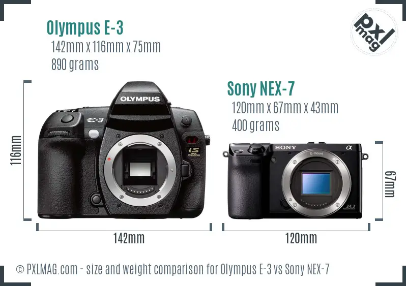Olympus E-3 vs Sony NEX-7 size comparison