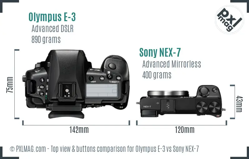 Olympus E-3 vs Sony NEX-7 top view buttons comparison