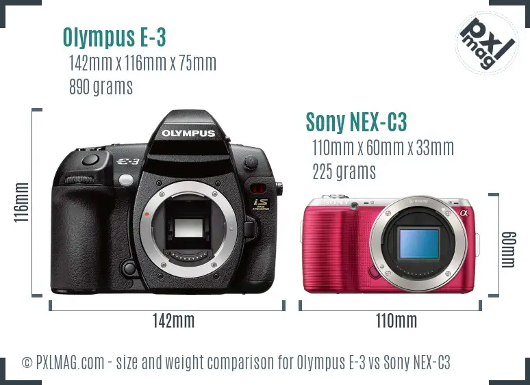 Olympus E-3 vs Sony NEX-C3 size comparison