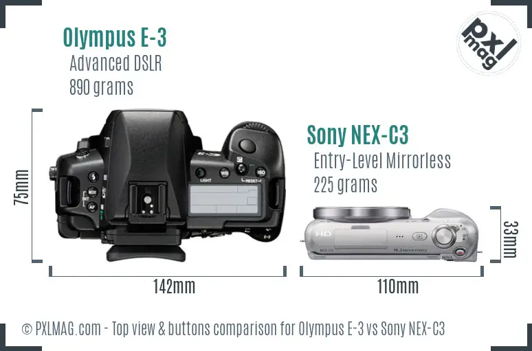 Olympus E-3 vs Sony NEX-C3 top view buttons comparison