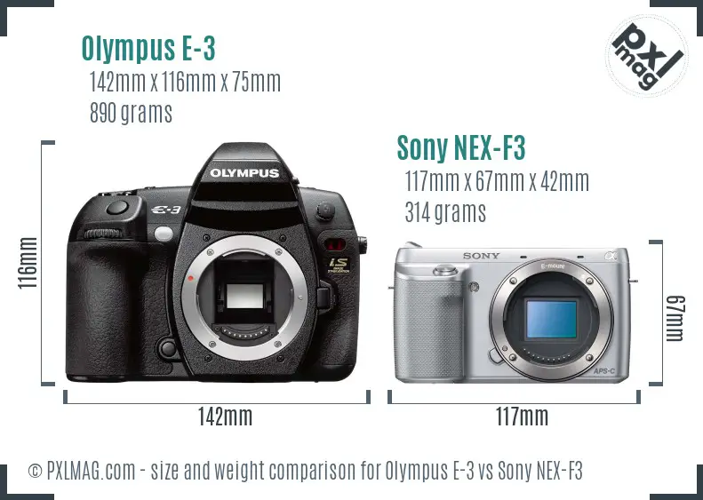 Olympus E-3 vs Sony NEX-F3 size comparison