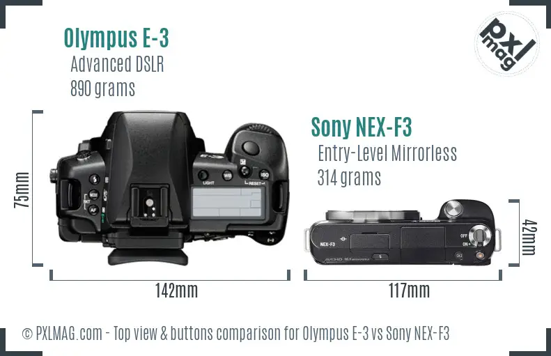 Olympus E-3 vs Sony NEX-F3 top view buttons comparison