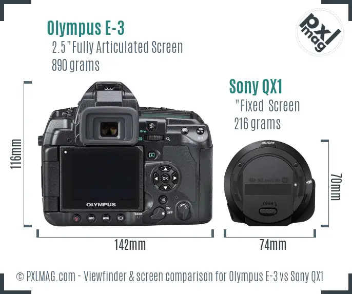 Olympus E-3 vs Sony QX1 Screen and Viewfinder comparison