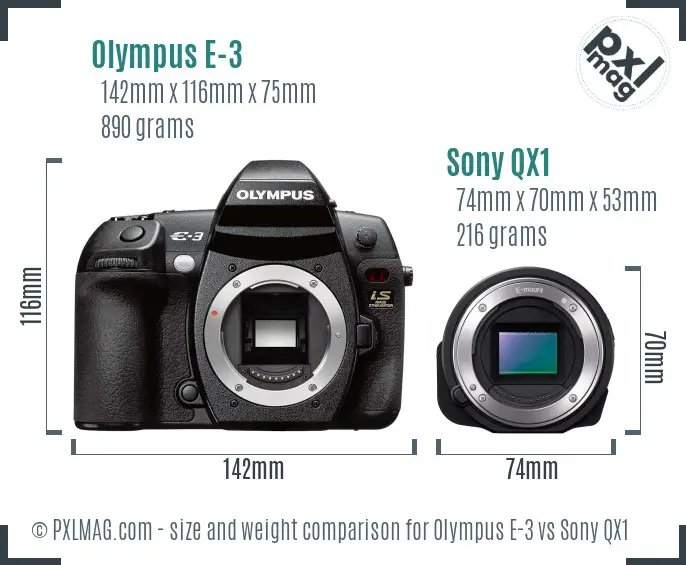 Olympus E-3 vs Sony QX1 size comparison