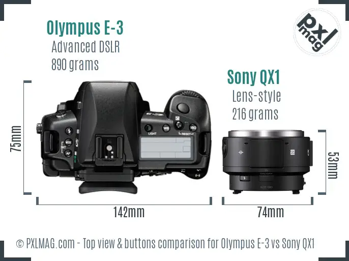 Olympus E-3 vs Sony QX1 top view buttons comparison