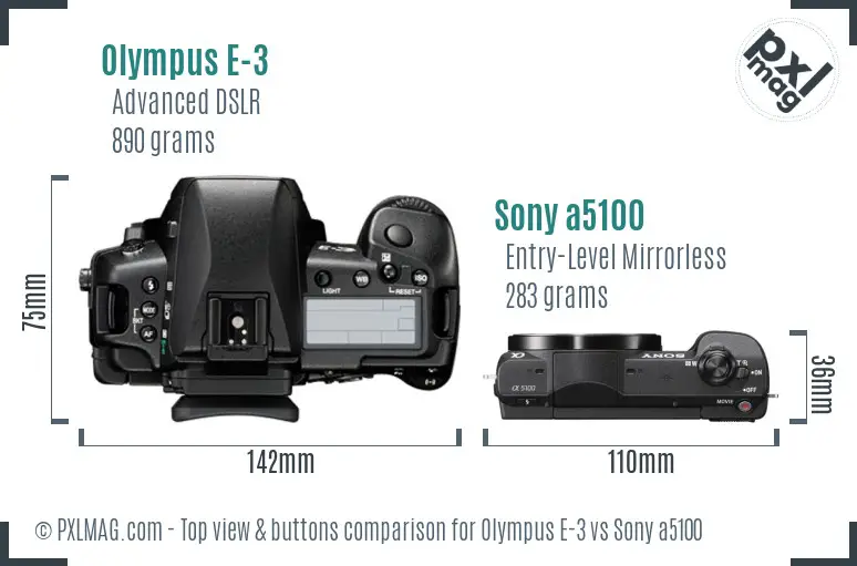 Olympus E-3 vs Sony a5100 top view buttons comparison
