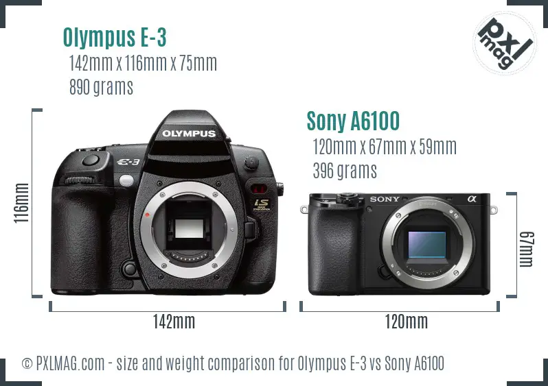 Olympus E-3 vs Sony A6100 size comparison