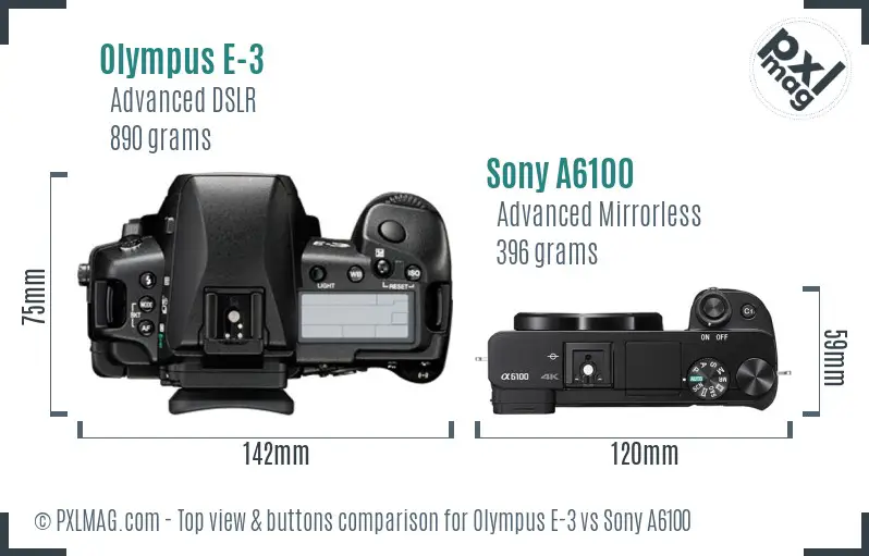 Olympus E-3 vs Sony A6100 top view buttons comparison