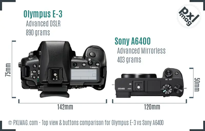 Olympus E-3 vs Sony A6400 top view buttons comparison