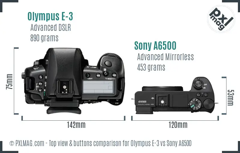 Olympus E-3 vs Sony A6500 top view buttons comparison