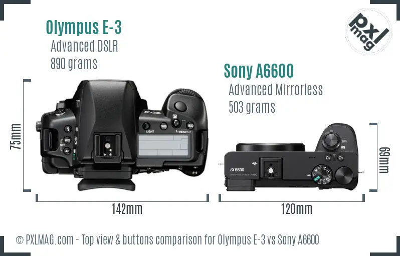 Olympus E-3 vs Sony A6600 top view buttons comparison