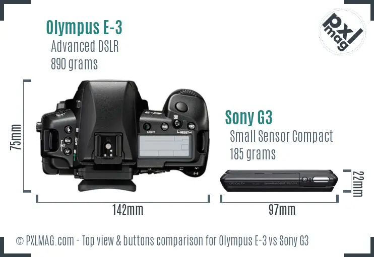 Olympus E-3 vs Sony G3 top view buttons comparison