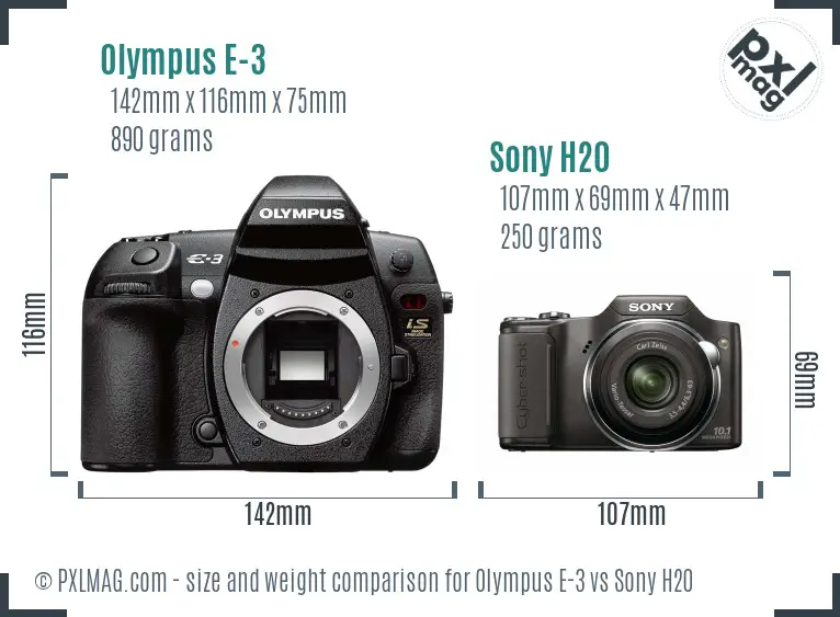 Olympus E-3 vs Sony H20 size comparison