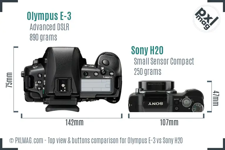 Olympus E-3 vs Sony H20 top view buttons comparison