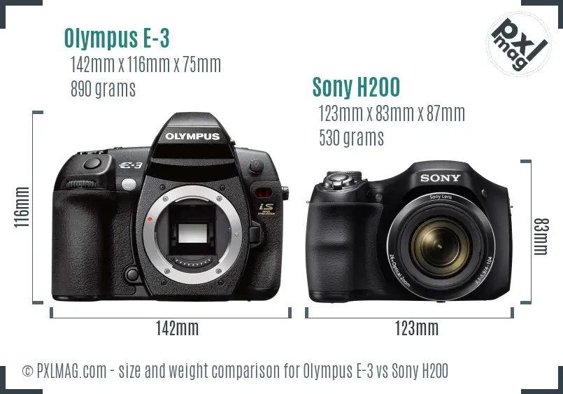 Olympus E-3 vs Sony H200 size comparison