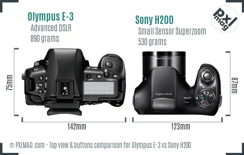 Olympus E-3 vs Sony H200 top view buttons comparison