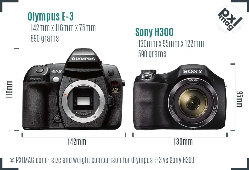 Olympus E-3 vs Sony H300 size comparison