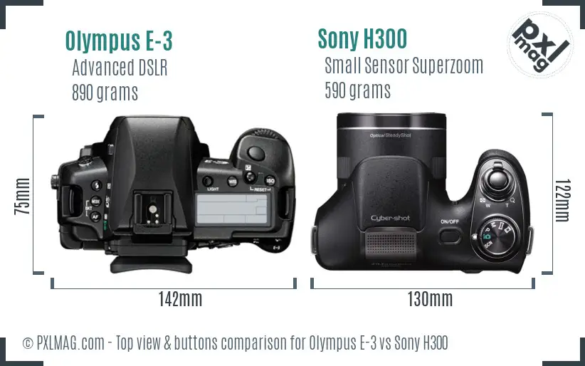 Olympus E-3 vs Sony H300 top view buttons comparison