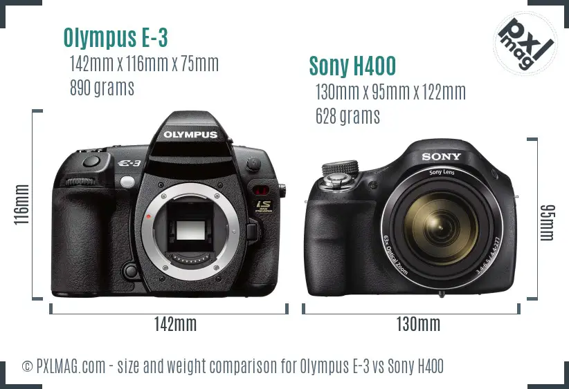 Olympus E-3 vs Sony H400 size comparison