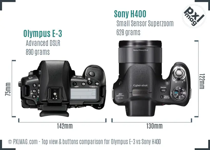 Olympus E-3 vs Sony H400 top view buttons comparison