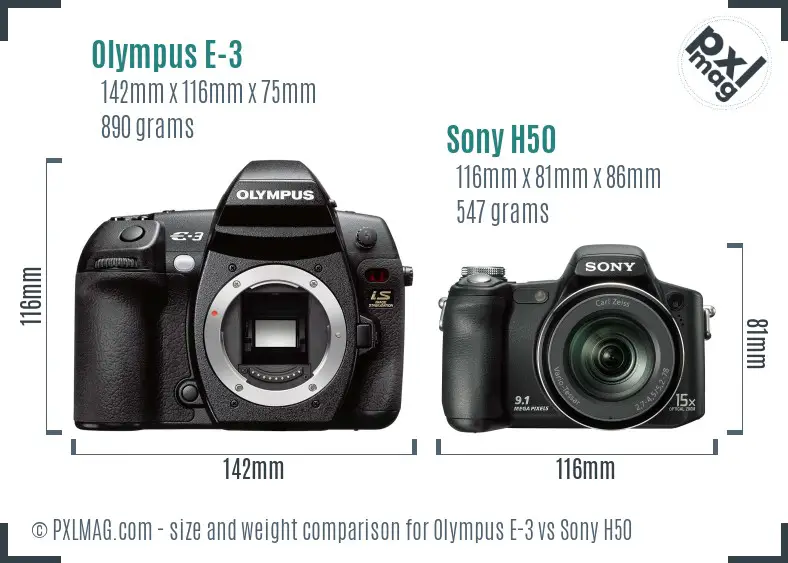 Olympus E-3 vs Sony H50 size comparison