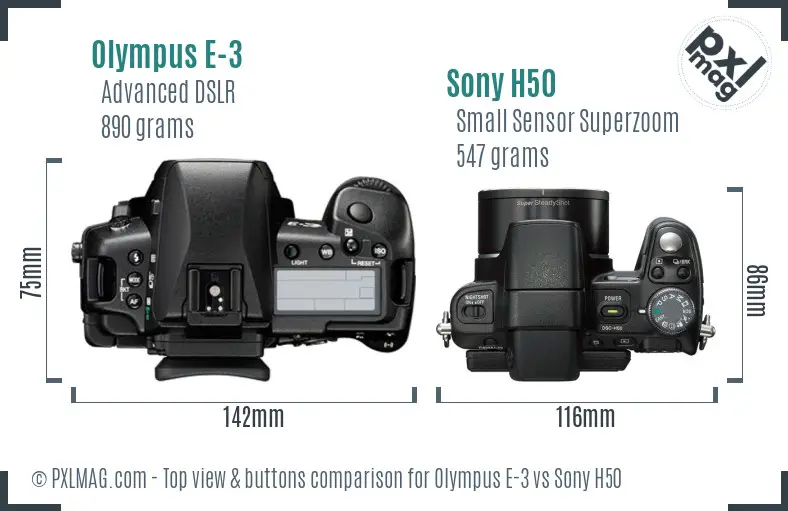 Olympus E-3 vs Sony H50 top view buttons comparison