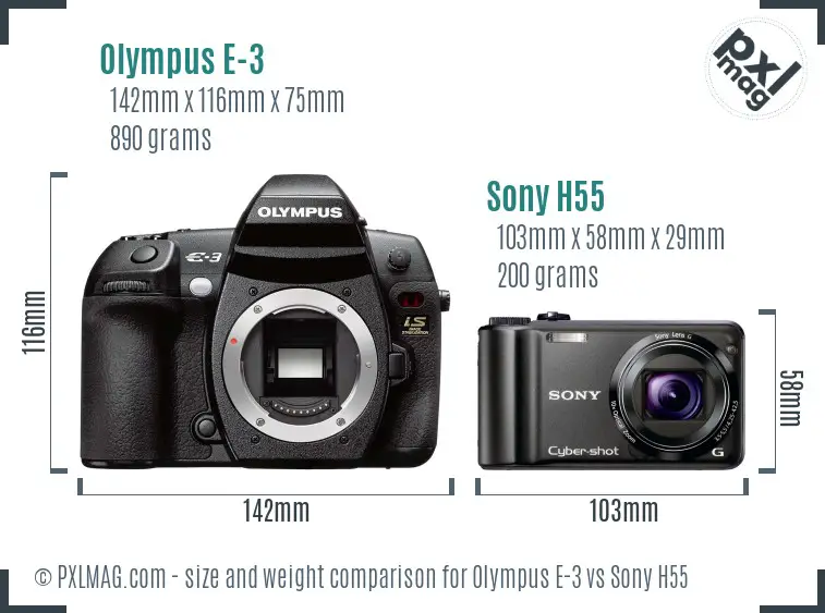 Olympus E-3 vs Sony H55 size comparison