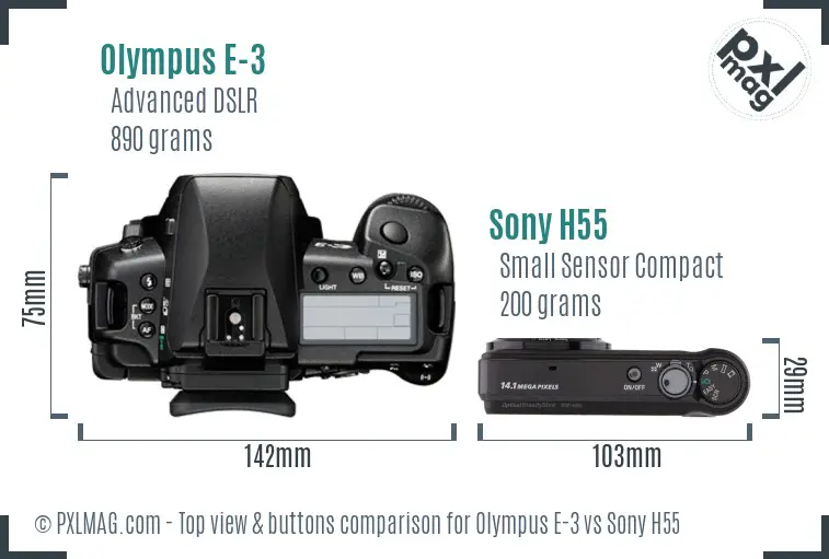 Olympus E-3 vs Sony H55 top view buttons comparison