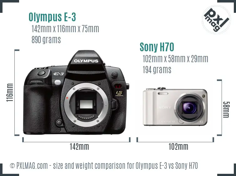 Olympus E-3 vs Sony H70 size comparison