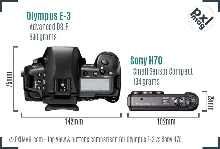 Olympus E-3 vs Sony H70 top view buttons comparison