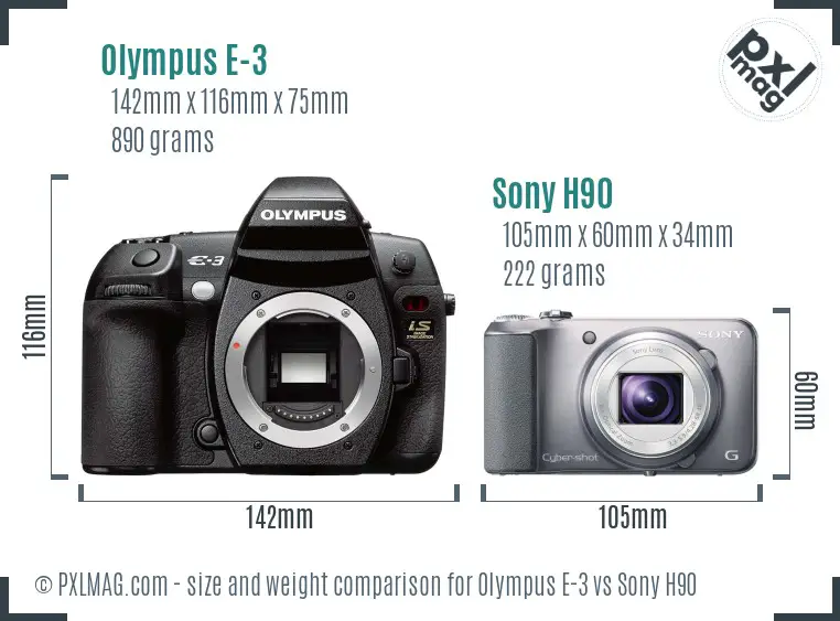 Olympus E-3 vs Sony H90 size comparison
