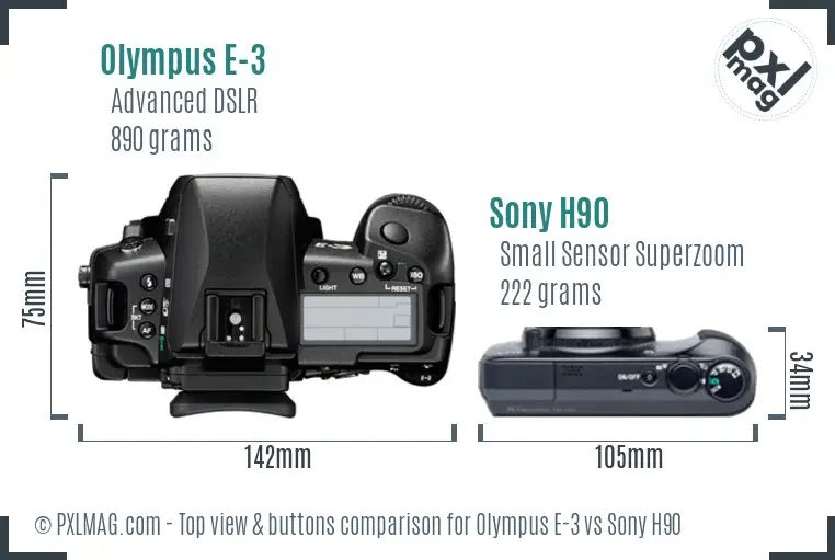 Olympus E-3 vs Sony H90 top view buttons comparison