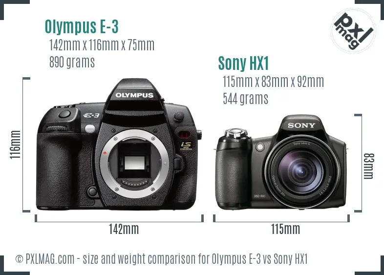 Olympus E-3 vs Sony HX1 size comparison