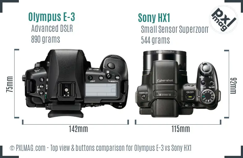 Olympus E-3 vs Sony HX1 top view buttons comparison