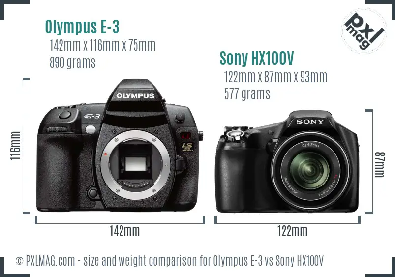 Olympus E-3 vs Sony HX100V size comparison