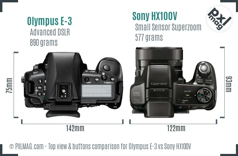 Olympus E-3 vs Sony HX100V top view buttons comparison