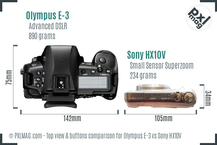 Olympus E-3 vs Sony HX10V top view buttons comparison