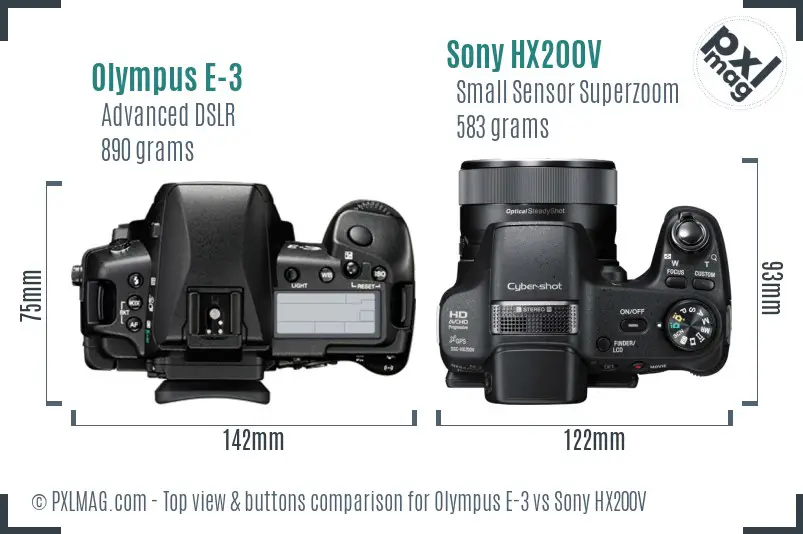 Olympus E-3 vs Sony HX200V top view buttons comparison