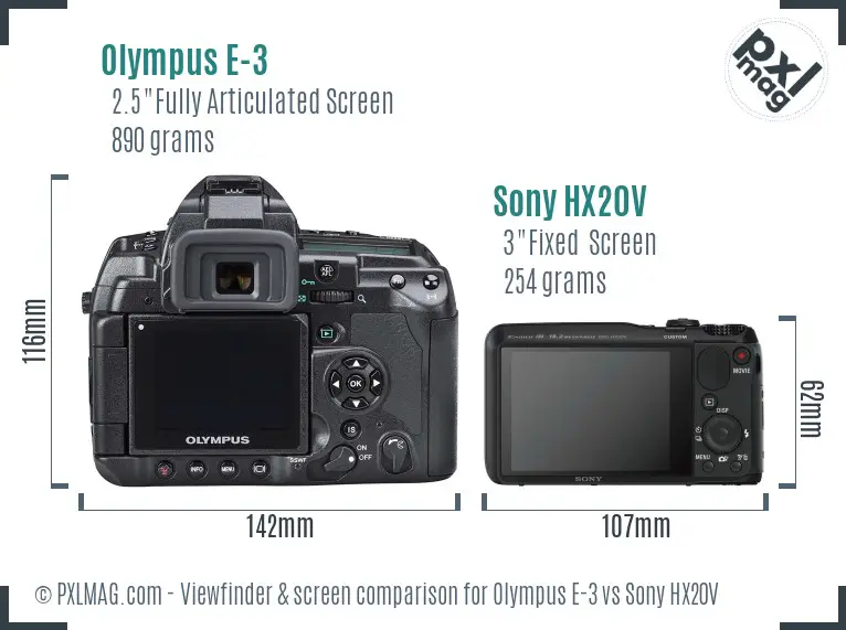 Olympus E-3 vs Sony HX20V Screen and Viewfinder comparison