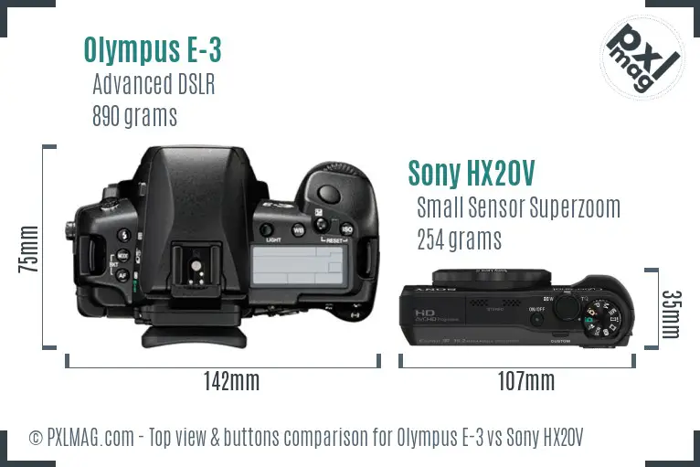 Olympus E-3 vs Sony HX20V top view buttons comparison