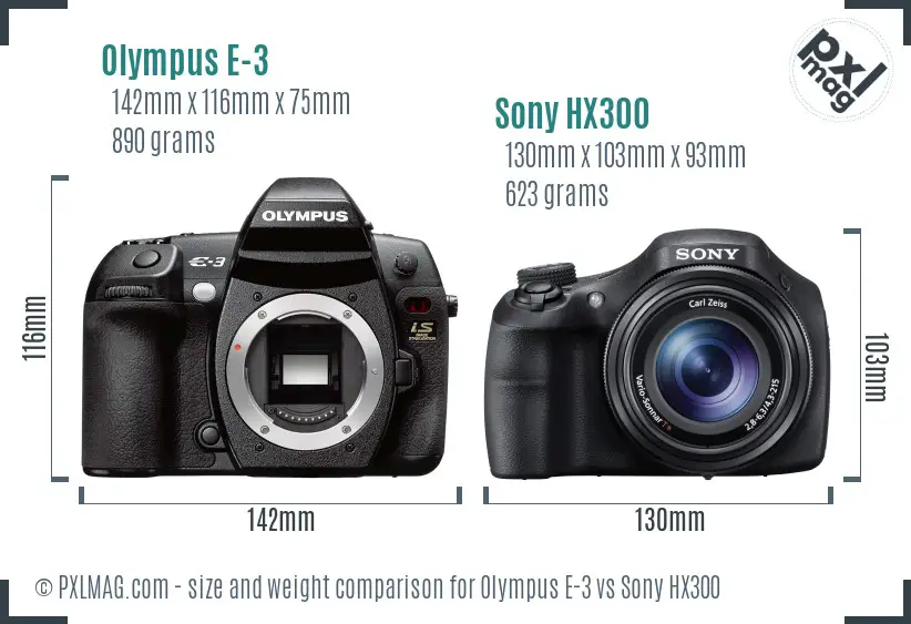 Olympus E-3 vs Sony HX300 size comparison