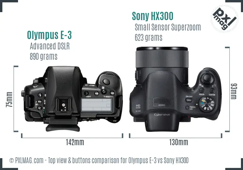 Olympus E-3 vs Sony HX300 top view buttons comparison