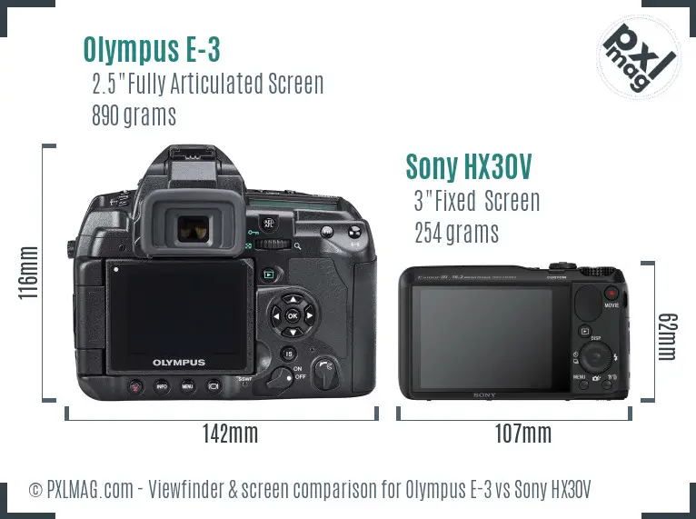 Olympus E-3 vs Sony HX30V Screen and Viewfinder comparison