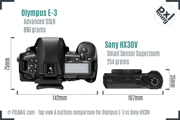 Olympus E-3 vs Sony HX30V top view buttons comparison