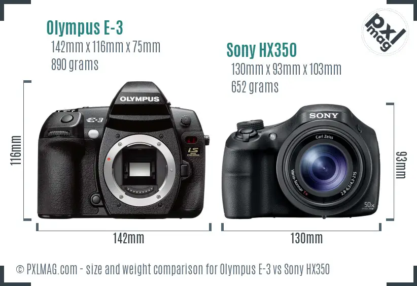 Olympus E-3 vs Sony HX350 size comparison