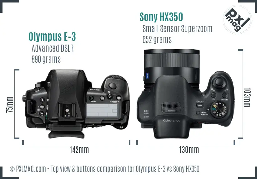 Olympus E-3 vs Sony HX350 top view buttons comparison